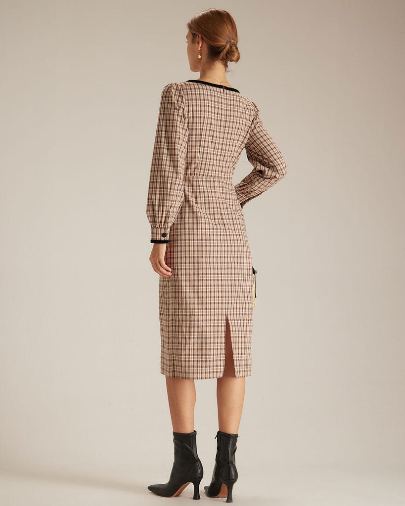 The Brown Plaid Slit Midi Dress Dresses - RIHOAS