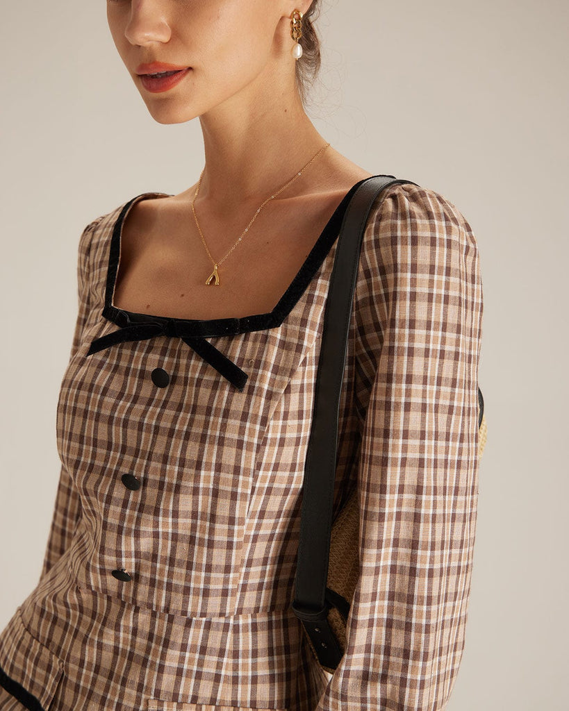 The Brown Plaid Slit Midi Dress Dresses - RIHOAS