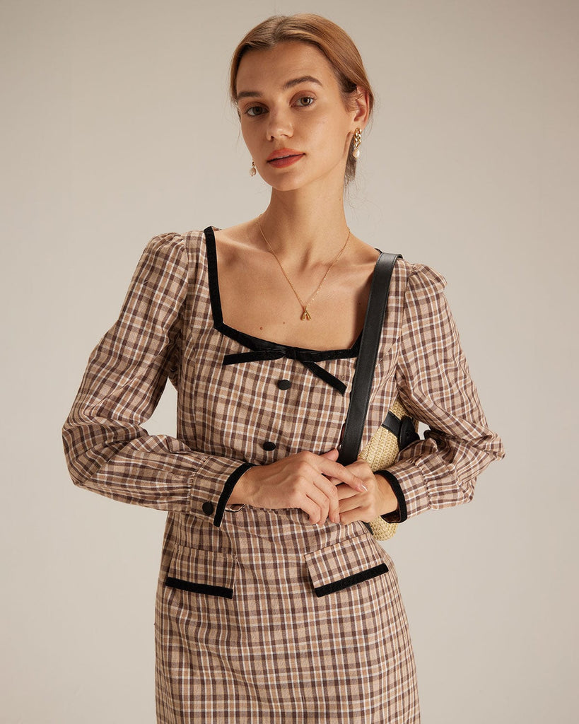 The Brown Plaid Slit Midi Dress Dresses - RIHOAS