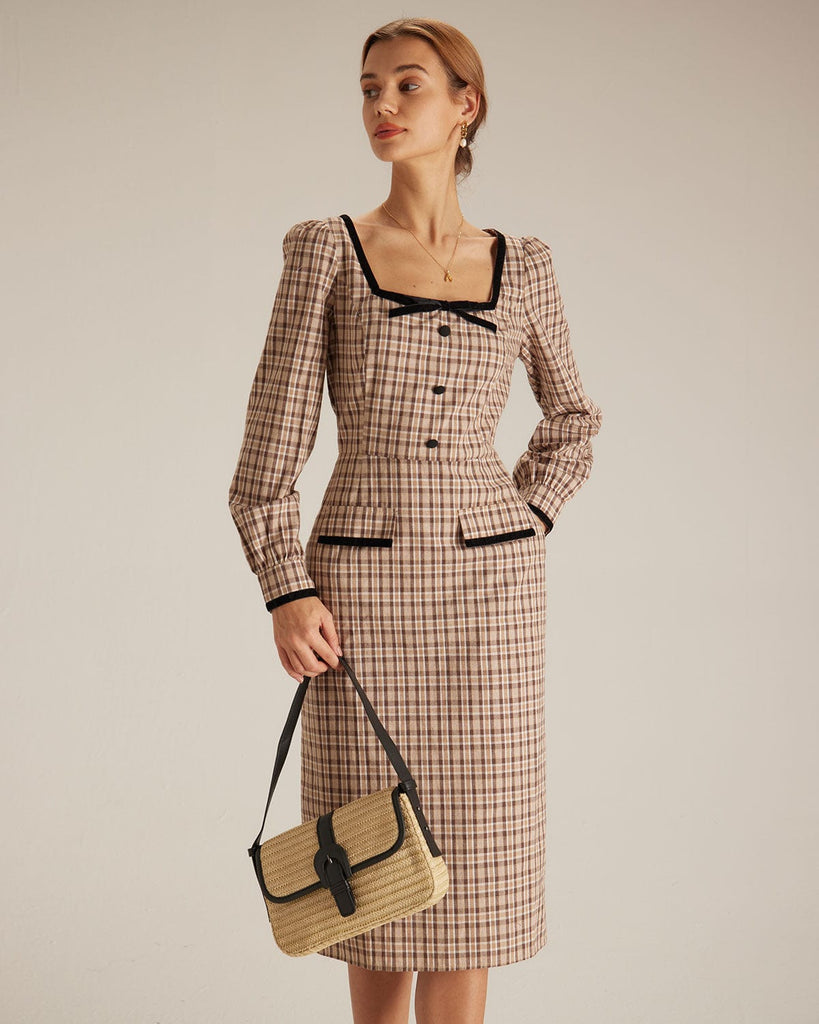 The Brown Plaid Slit Midi Dress Dresses - RIHOAS