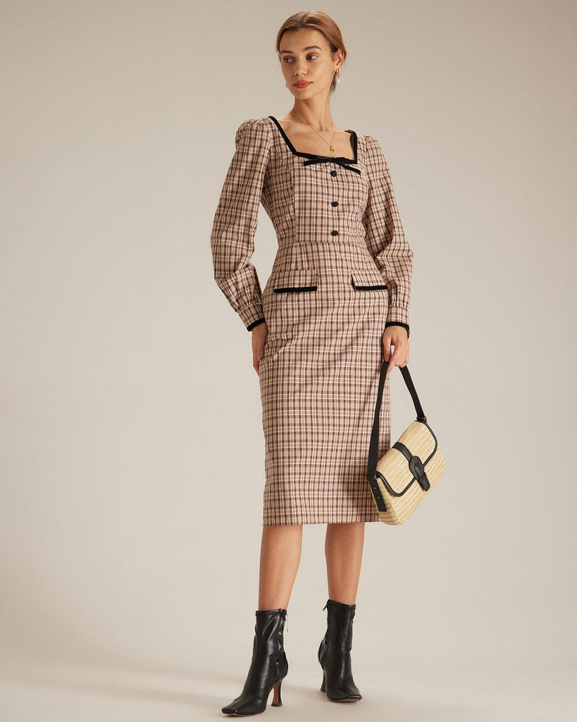 The Brown Plaid Slit Midi Dress Dresses - RIHOAS