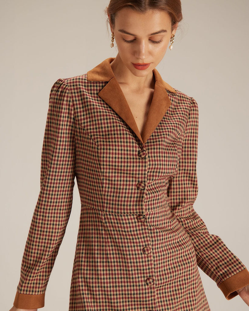 The Brown Plaid Spliced Suede Mini Dress & Reviews - Brown