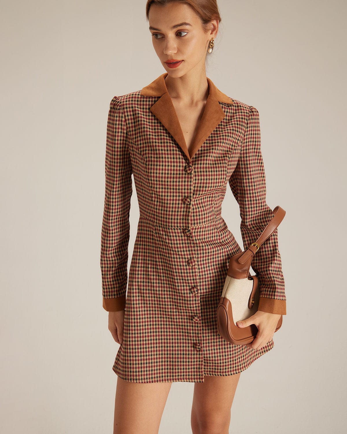The Brown Plaid Spliced Suede Mini Dress & Reviews - Brown - Dresses | RIHOAS The Brown Plaid Spliced Suede Mini Dress & Reviews - Brown - Dresses | RIHOAS