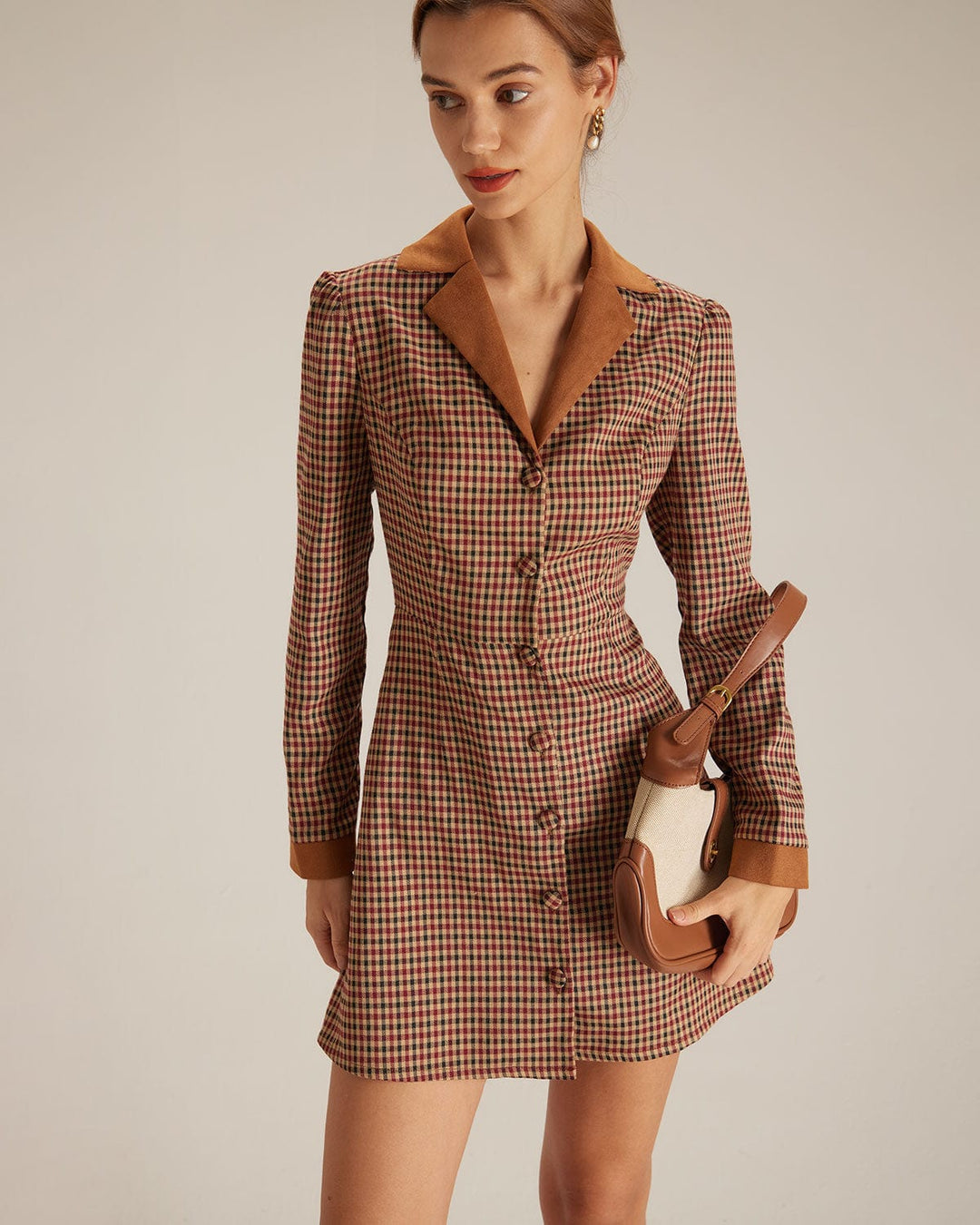 The Brown Plaid Spliced Suede Mini Dress & Reviews - Brown