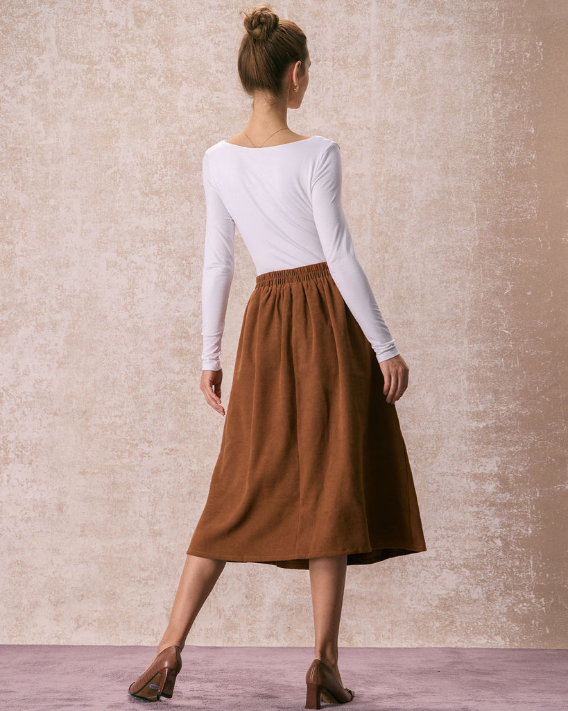 The Brown Pleated Midi Skirt Bottoms - RIHOAS