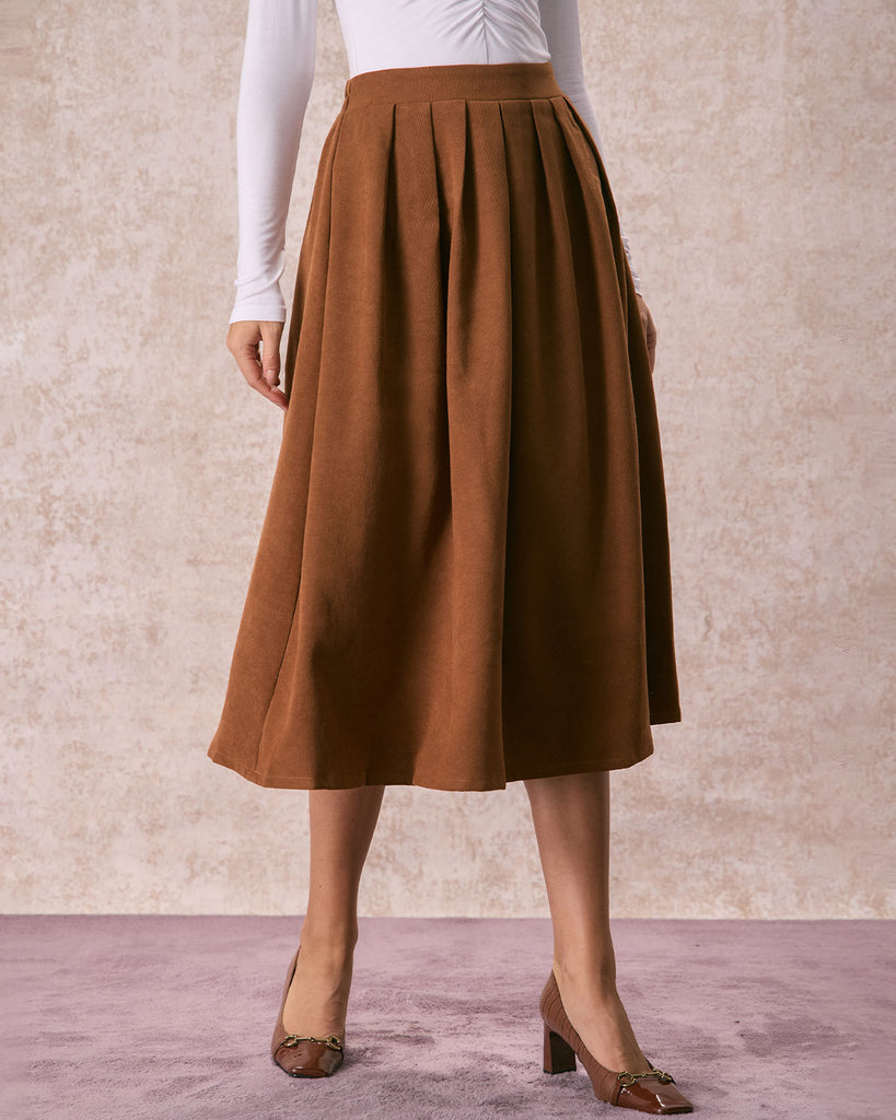 The Brown Pleated Midi Skirt Bottoms - RIHOAS