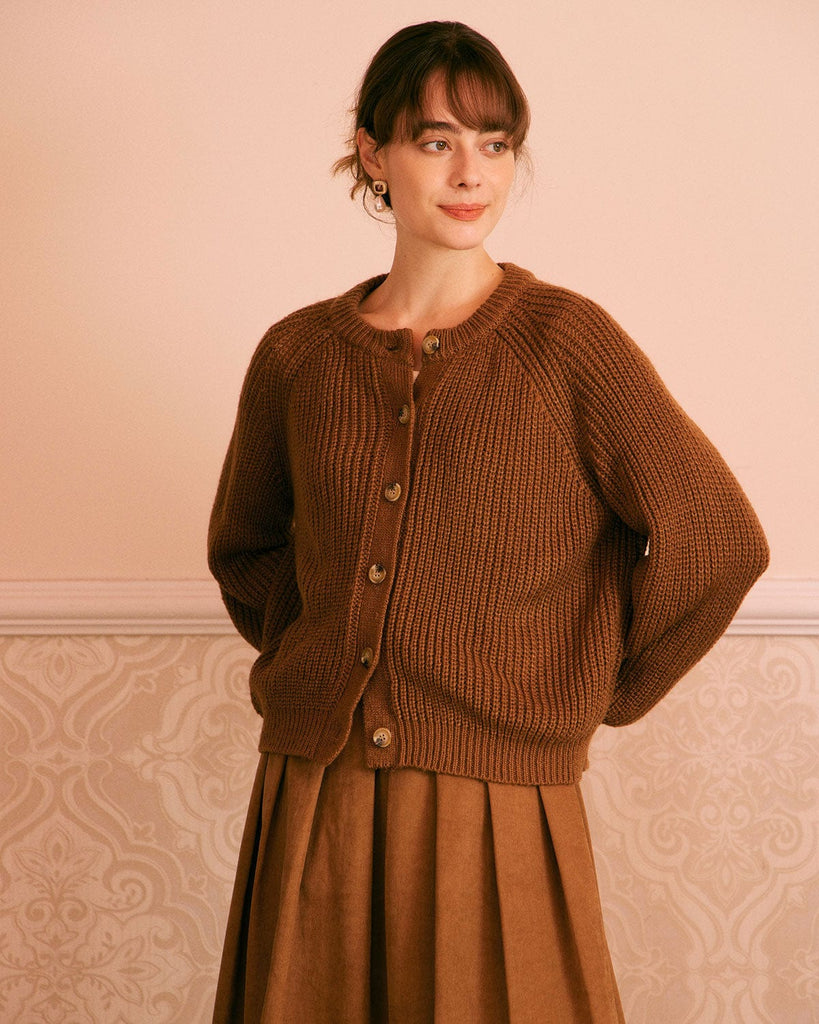 The Brown Round Neck Sweater Cardigan Brown Tops - RIHOAS