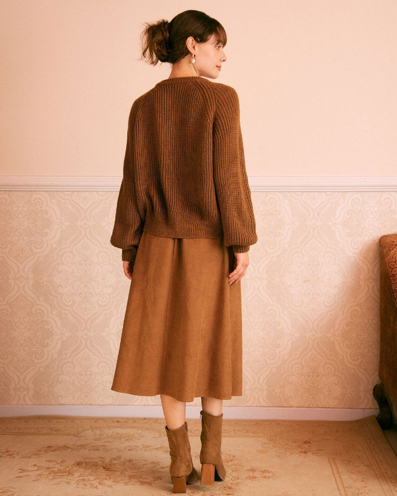 The Brown Round Neck Sweater Cardigan Tops - RIHOAS