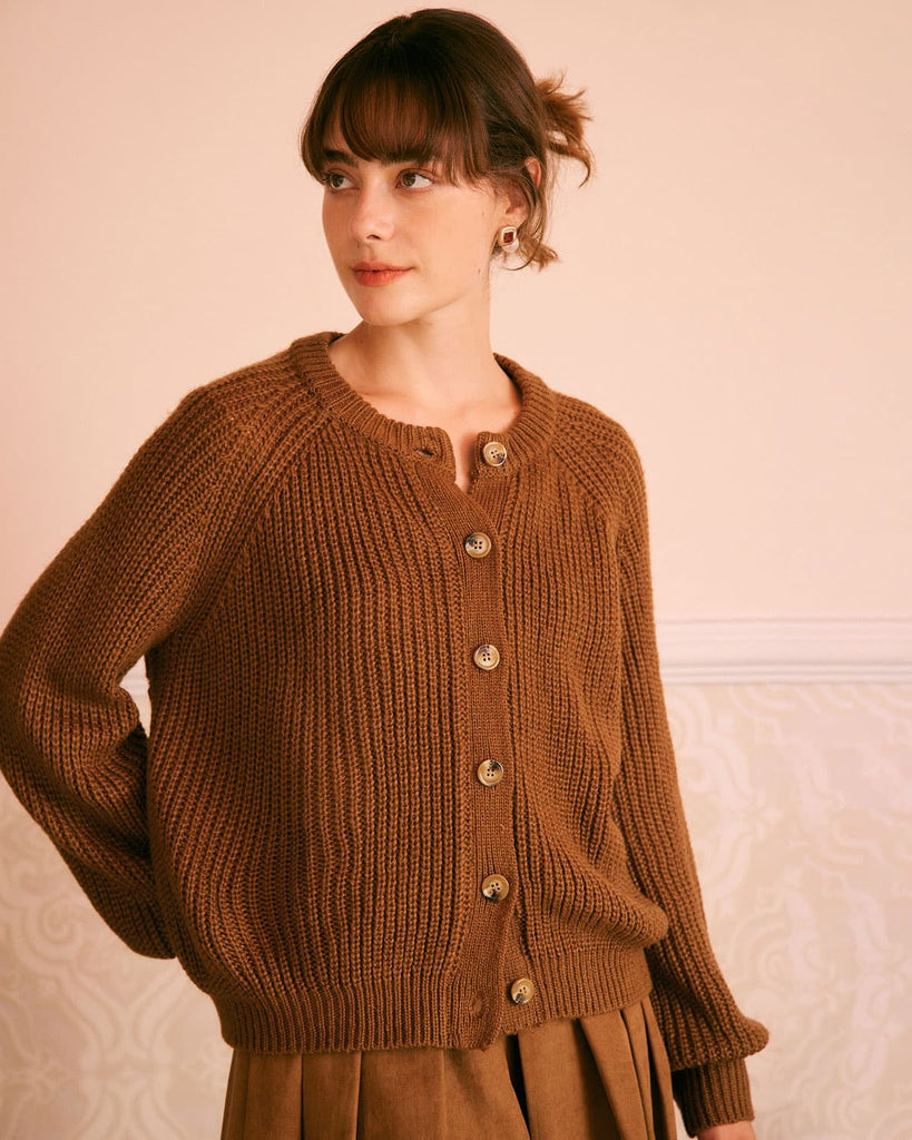 The Brown Round Neck Sweater Cardigan Tops - RIHOAS