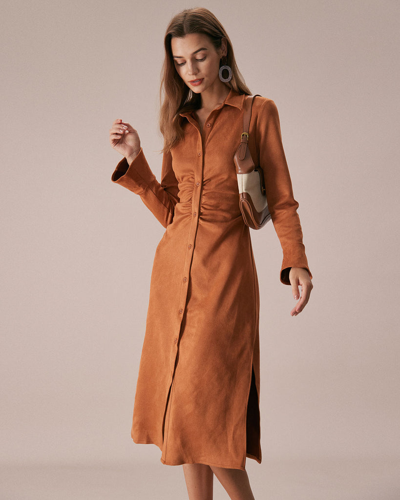 The Brown Ruched Suede Midi Dress Brown Dresses - RIHOAS