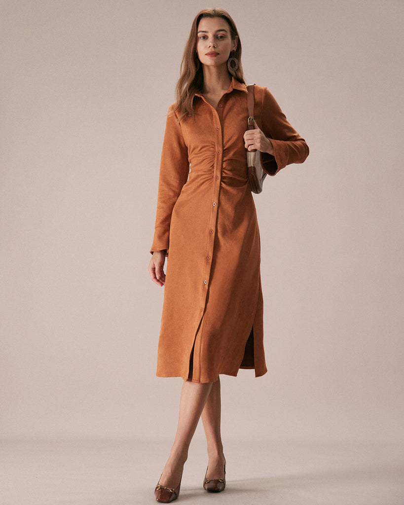 The Brown Ruched Suede Midi Dress Dresses - RIHOAS
