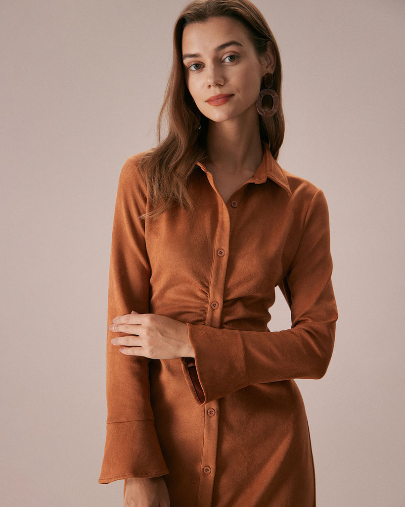 The Brown Ruched Suede Midi Dress Dresses - RIHOAS