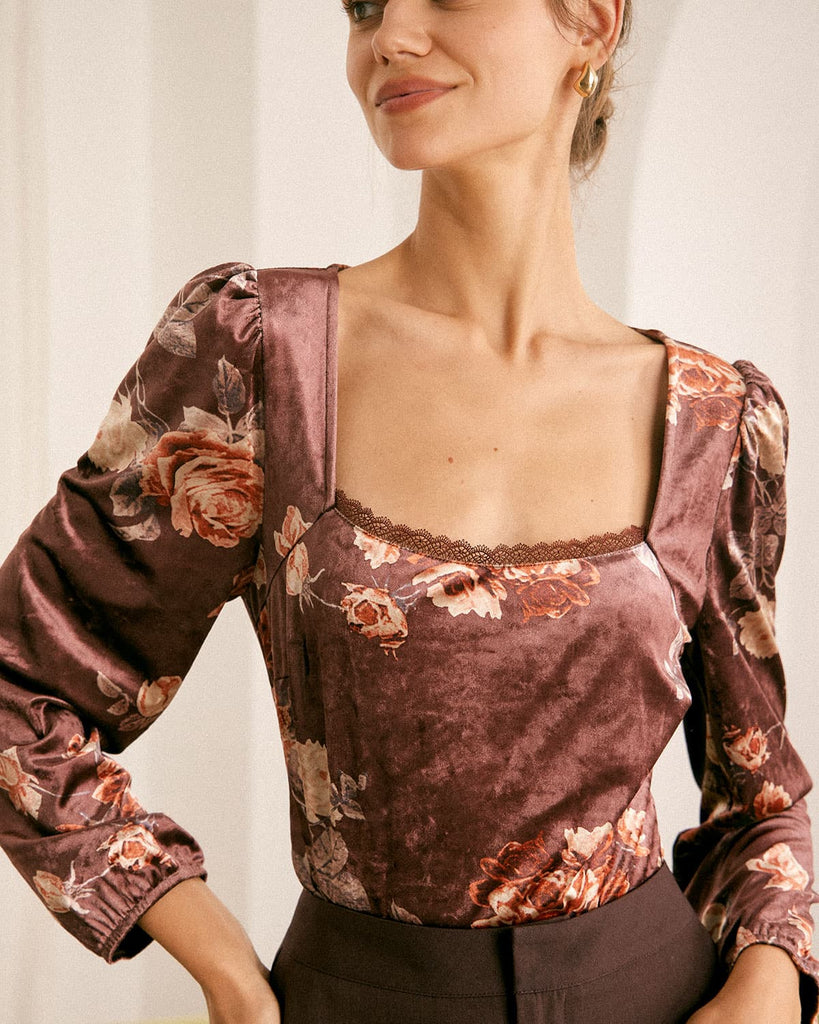 The Brown Square Neck Floral Lace Blouse Tops - RIHOAS