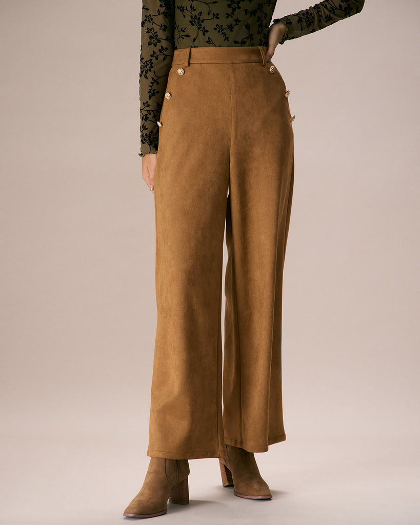 The Brown Suede Button Straight Pants Bottoms - RIHOAS