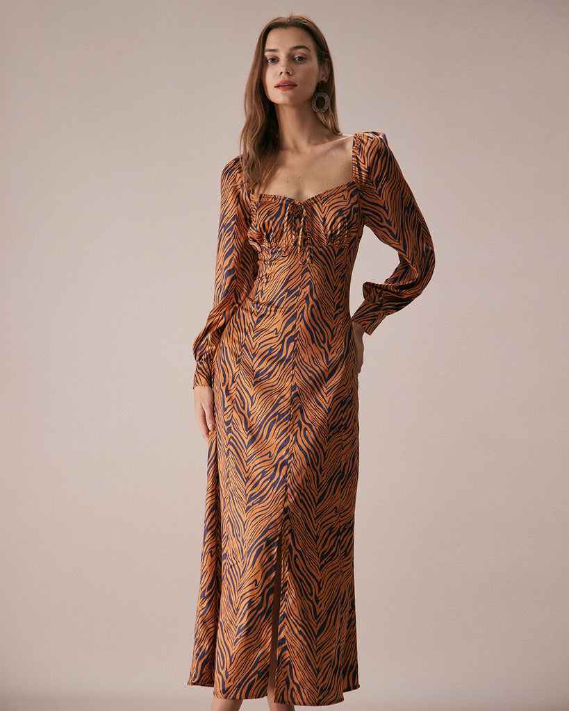 The Brown Sweetheart Neck Zebra Maxi Dress Brown Dresses - RIHOAS