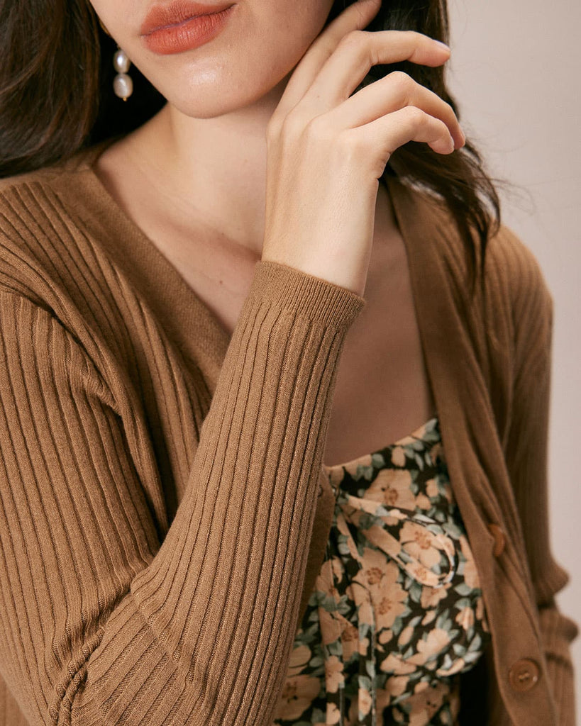 The Brown V Neck Solid Cardigan Tops - RIHOAS