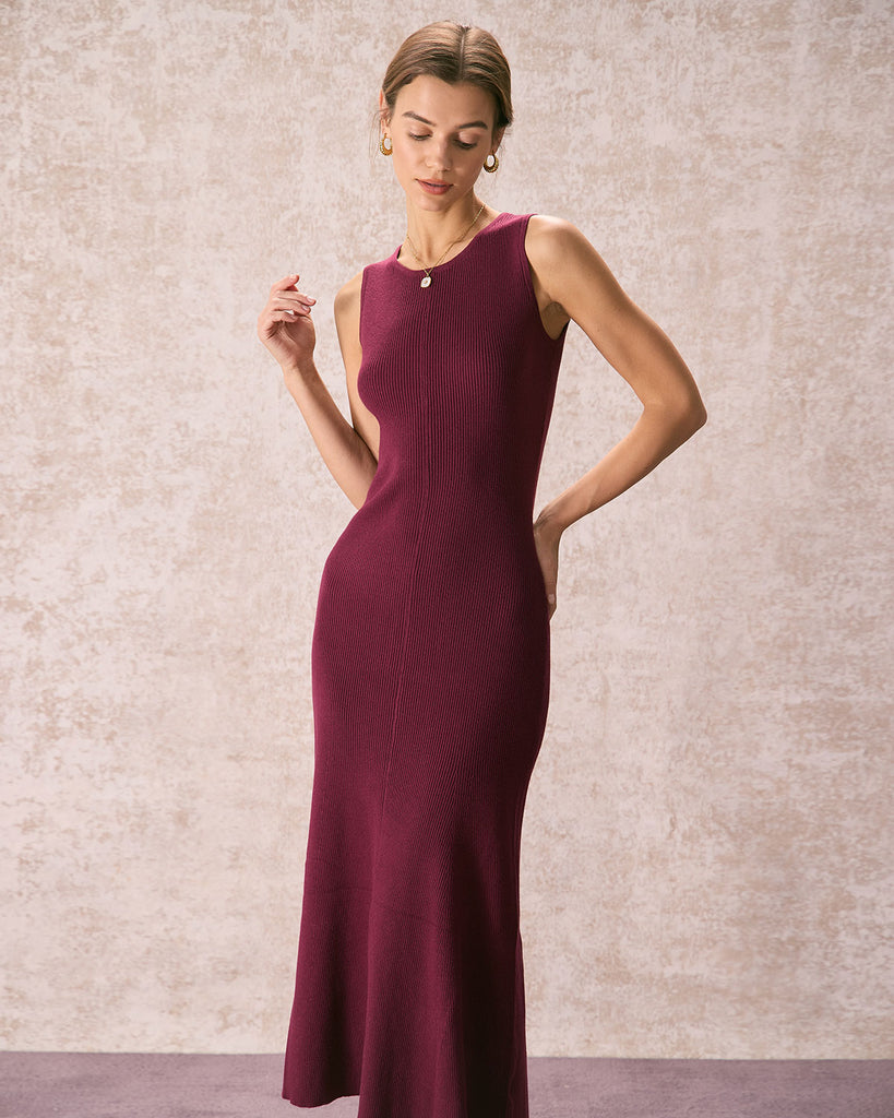 The Burgundy Round Neck Sweater Maxi Dress Dresses - RIHOAS