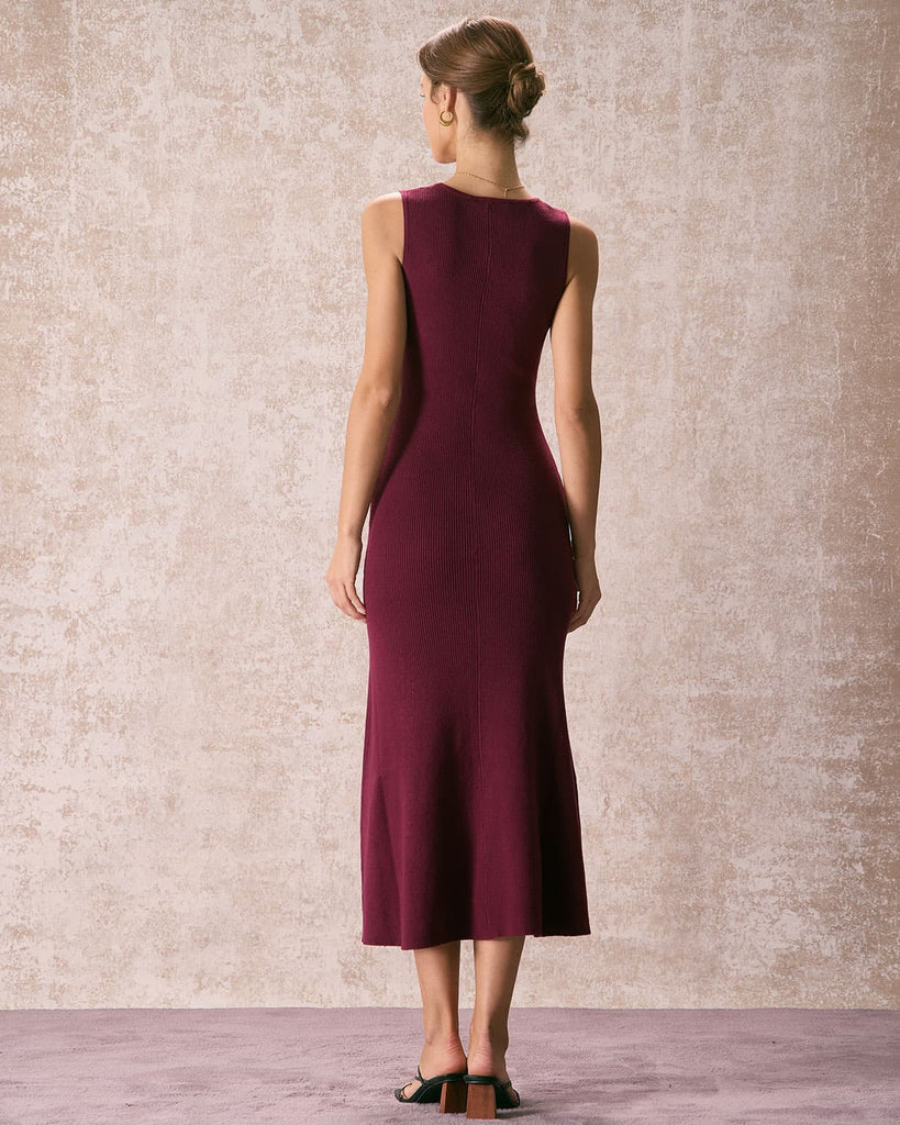 The Burgundy Round Neck Sweater Maxi Dress Dresses - RIHOAS
