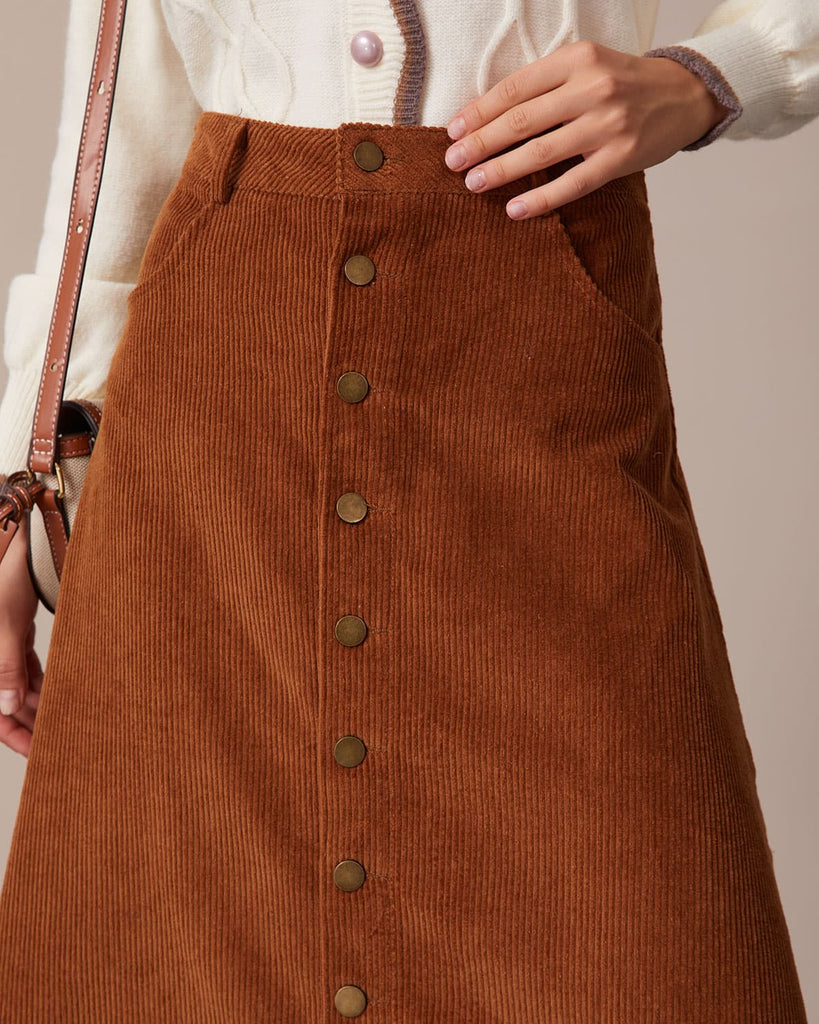 The Button-Front Corduroy Skirt Bottoms - RIHOAS