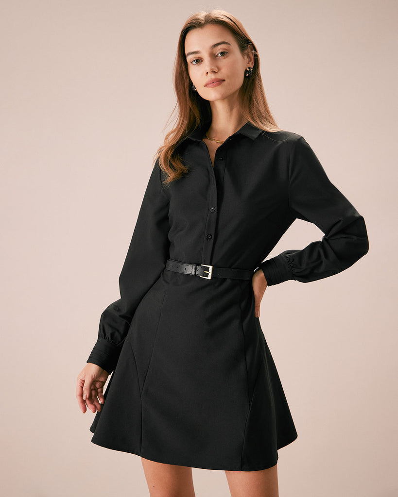 The Button Down A-Line Shirt Dress Black Dresses - RIHOAS