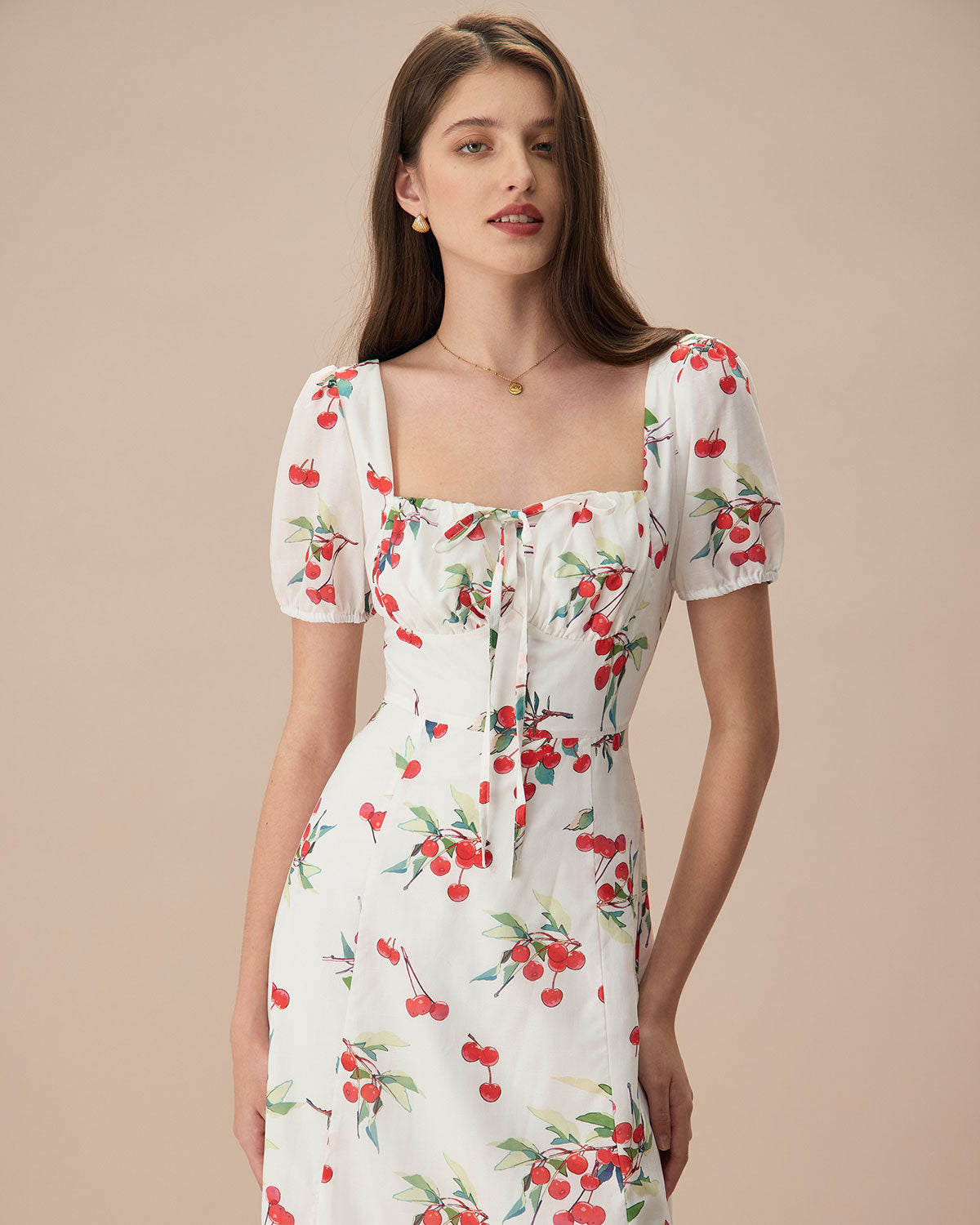 The White Puff Sleeve Cherry Split Midi Dress Reviews White Dresses RIHOAS