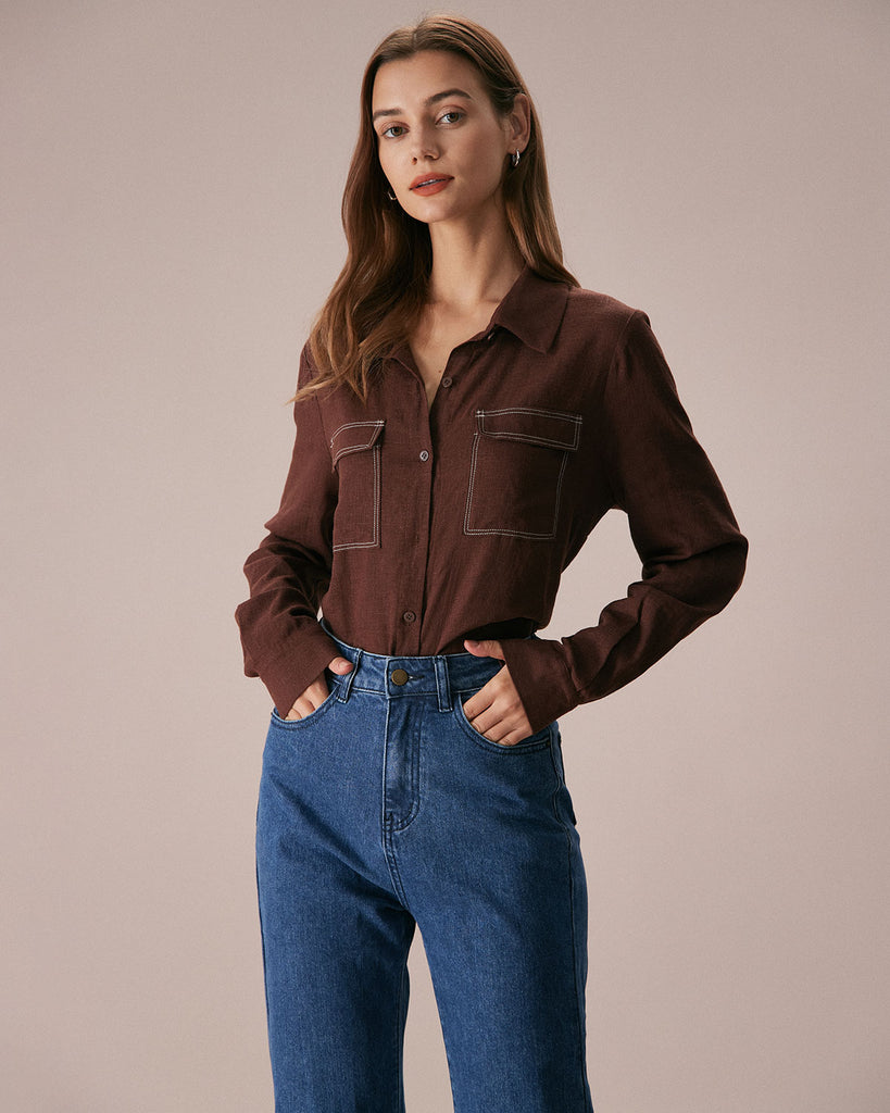 The Coffee Collared Contrasting Seam Shirt Coffee Tops - RIHOAS