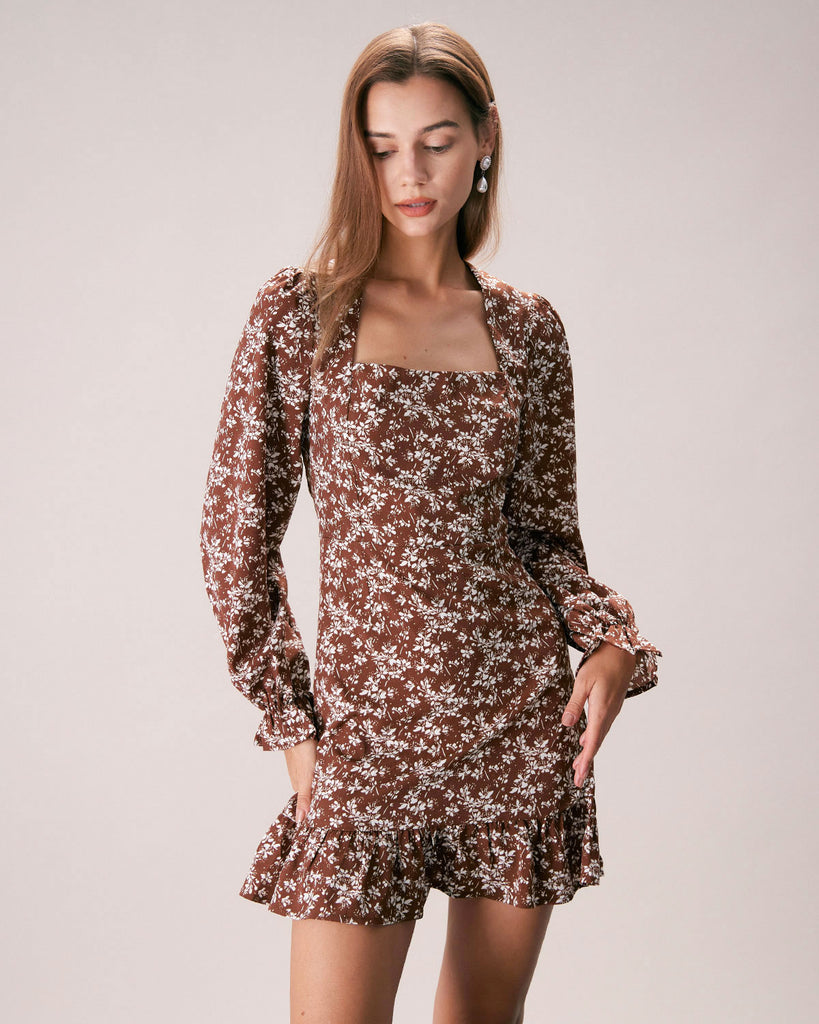 The Coffee Square Neck Floral Mini Dress Dresses - RIHOAS