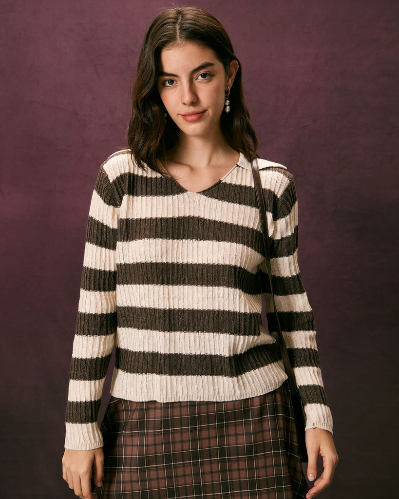 The Coffee Striped Collared Sweater Coffee Tops - RIHOAS