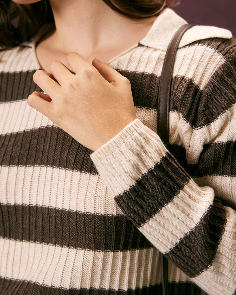 The Coffee Striped Collared Sweater Tops - RIHOAS