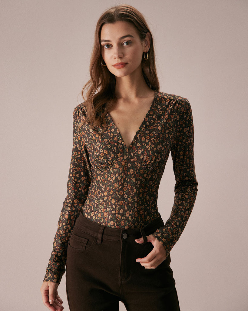 The Coffee V Neck Floral Blouse Coffee Tops - RIHOAS