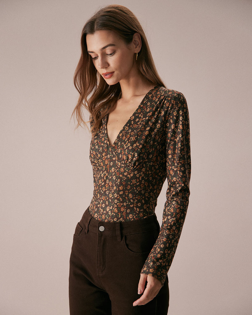 The Coffee V Neck Floral Blouse Tops - RIHOAS