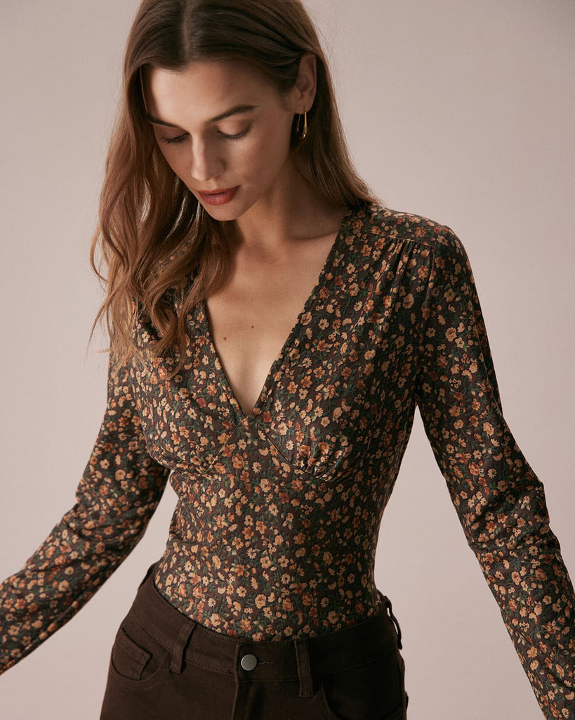 The Coffee V Neck Floral Blouse Tops - RIHOAS