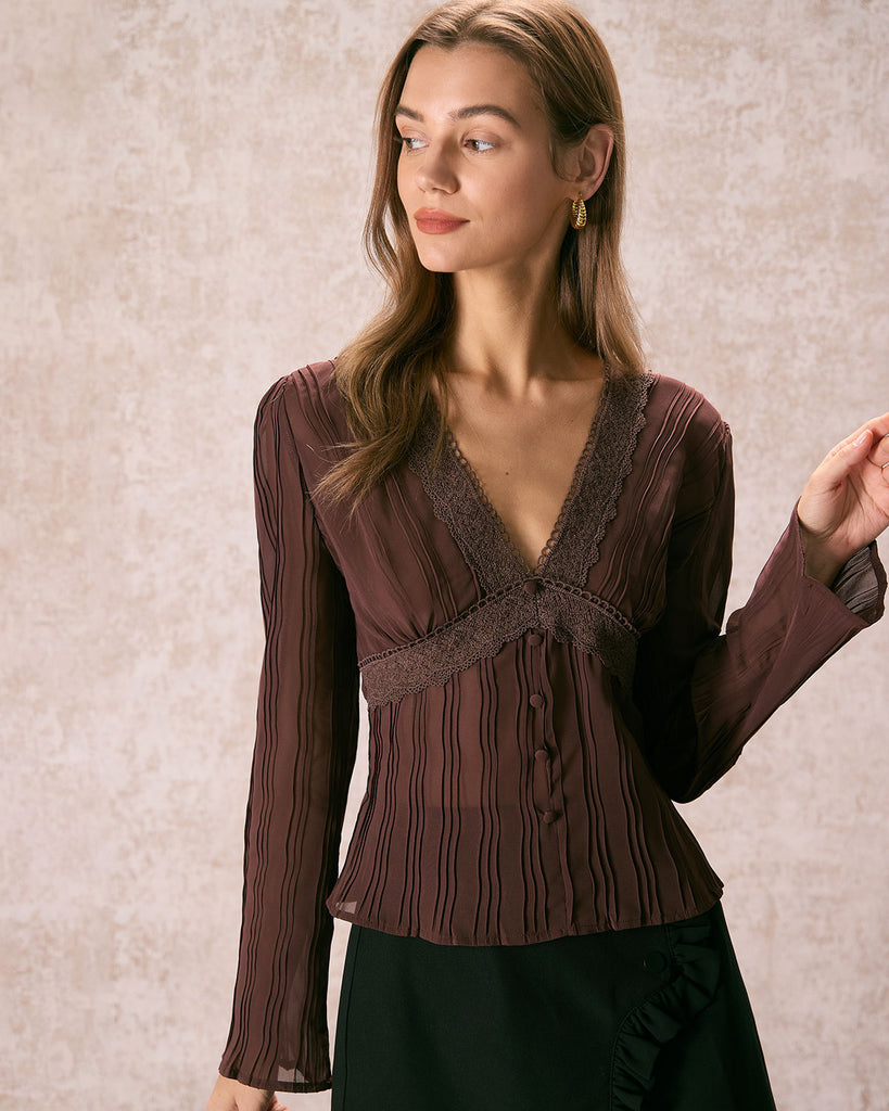 The Coffee V Neck Lace Trim Blouse Coffee Tops - RIHOAS
