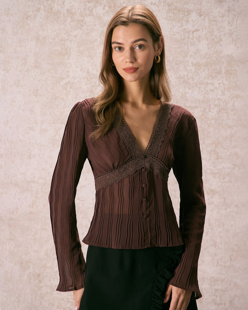 The Coffee V Neck Lace Trim Blouse Tops - RIHOAS