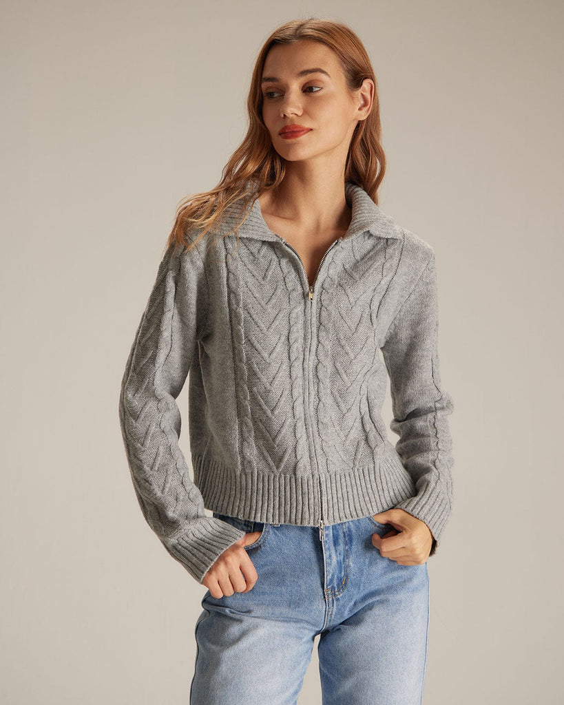 The Collared Cable Cardigan Grey Tops - RIHOAS