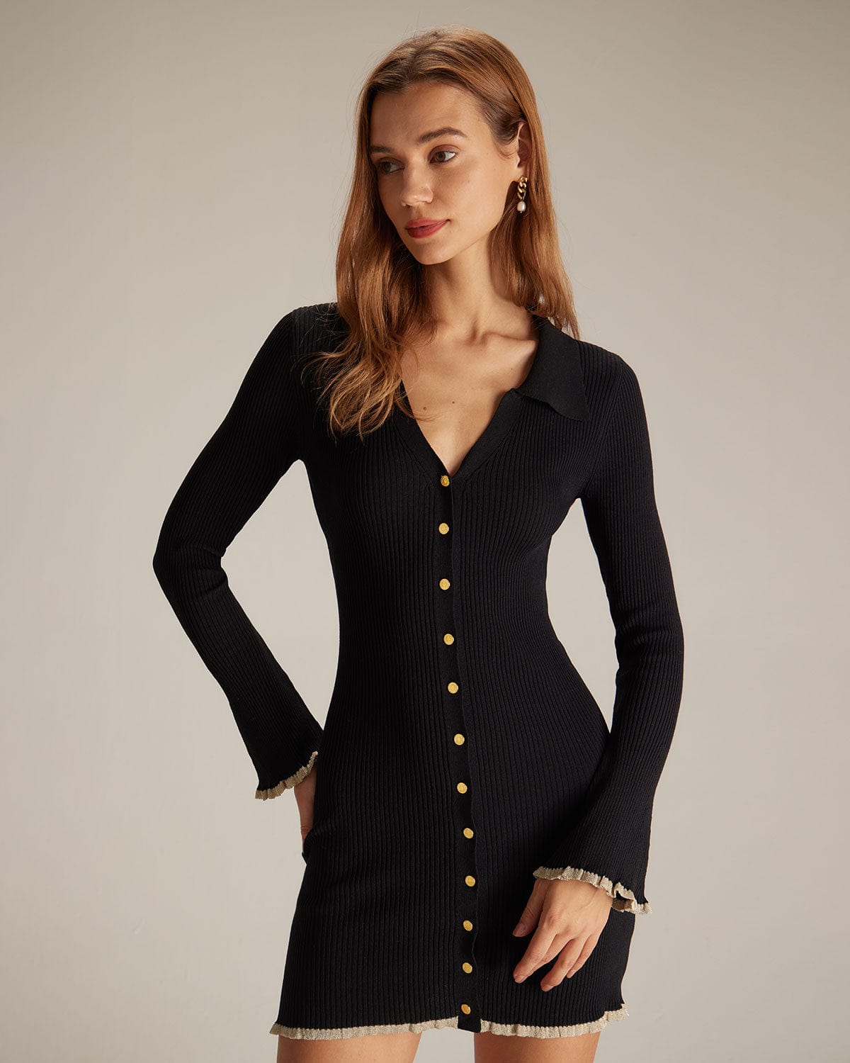 V Neck Contrast Trim Knit Mini Dress