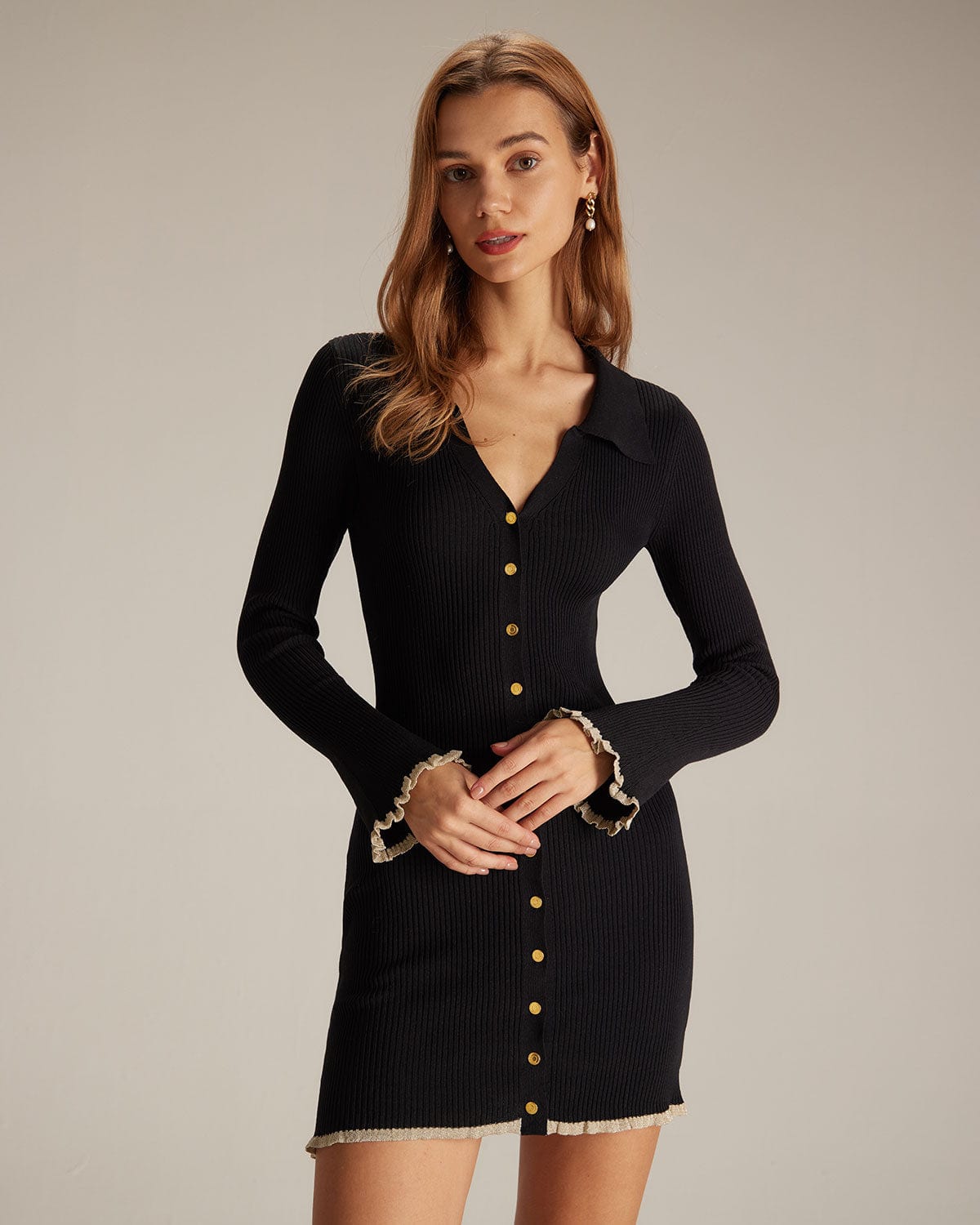 The Black V Neck Contrast Trim Knit Mini Dress The Black V Neck Contrast Trim Knit Mini Dress