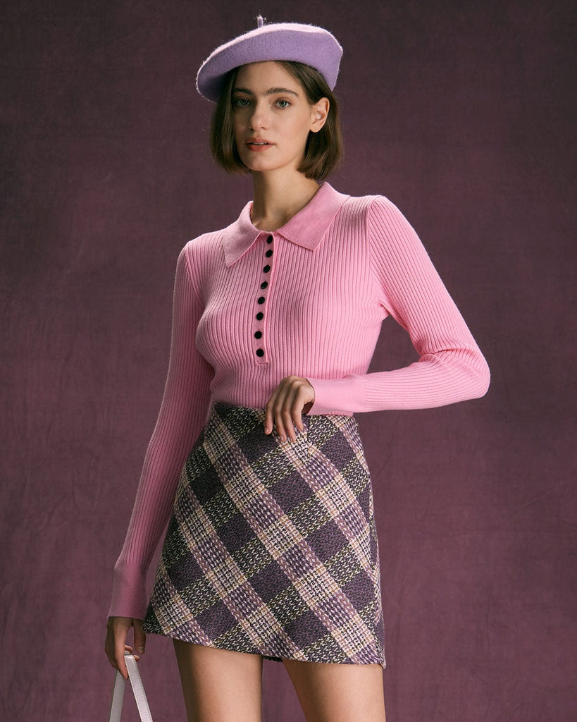The Collared Long Sleeve Knit Top Pink Tops - RIHOAS