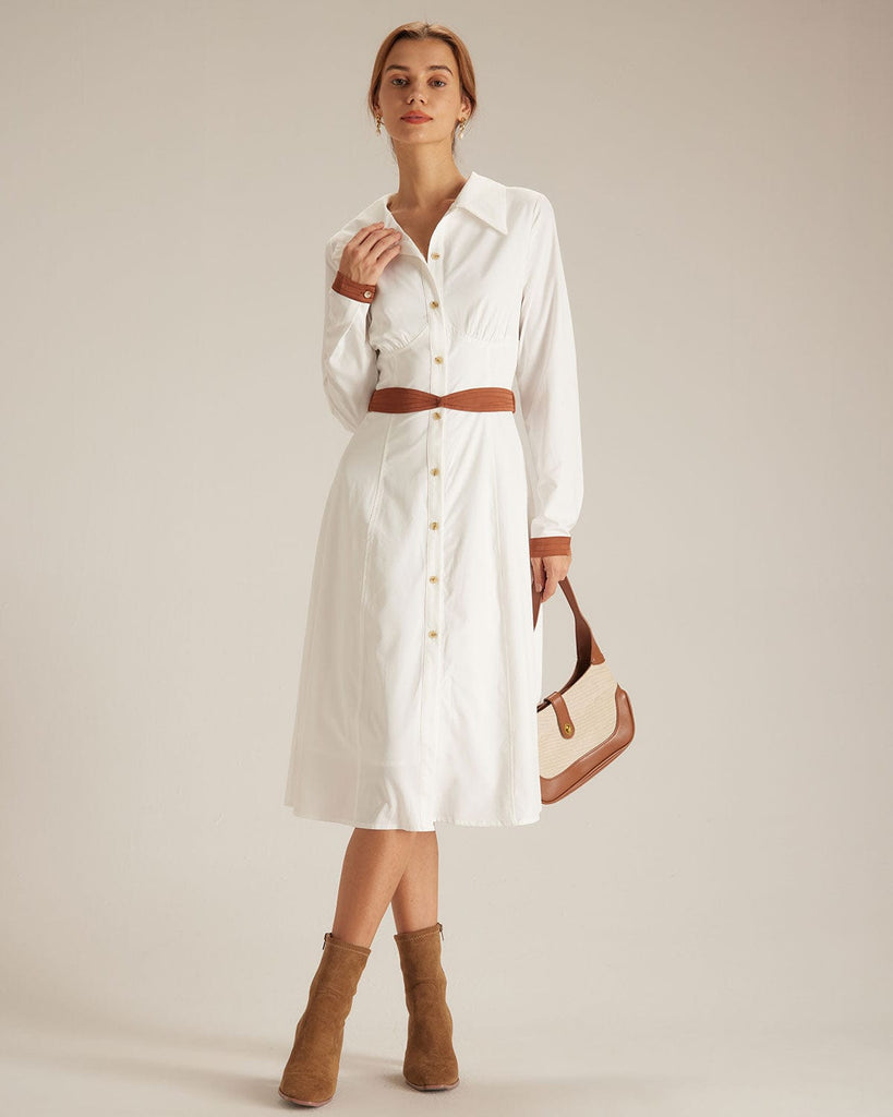 The Colorblock Belted Shirt Dress White Dresses - RIHOAS