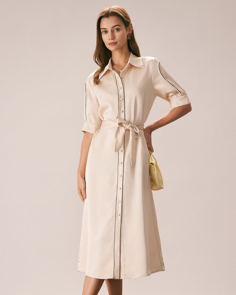 The Contrast Embroidery Shirt Midi Dress Beige Dresses - RIHOAS