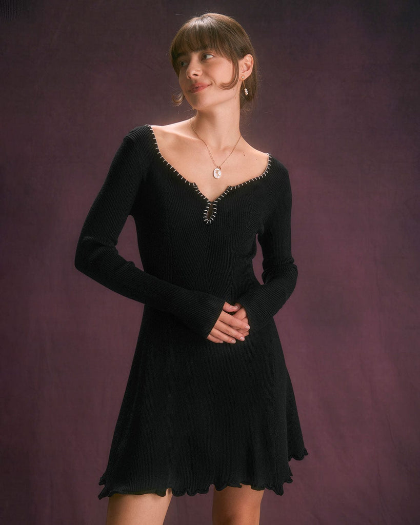 The Contrast Trim Knitted Dress Black Dresses - RIHOAS