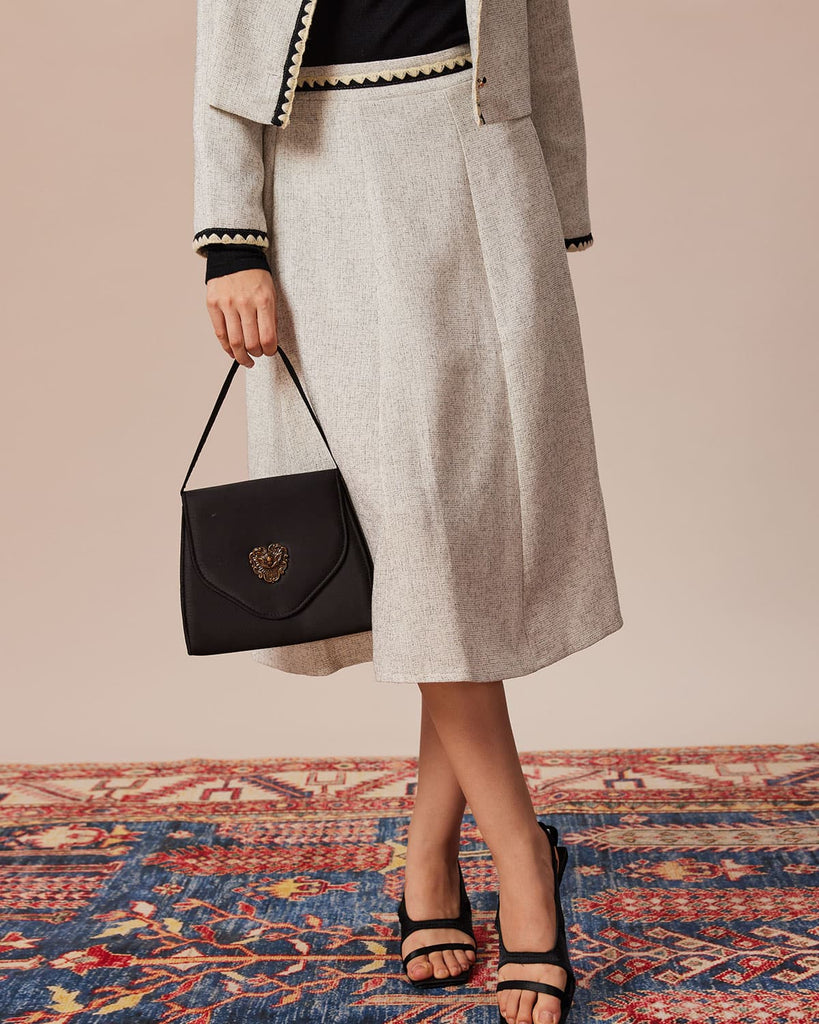 The Contrast Trim Midi Skirt Grey Bottoms - RIHOAS