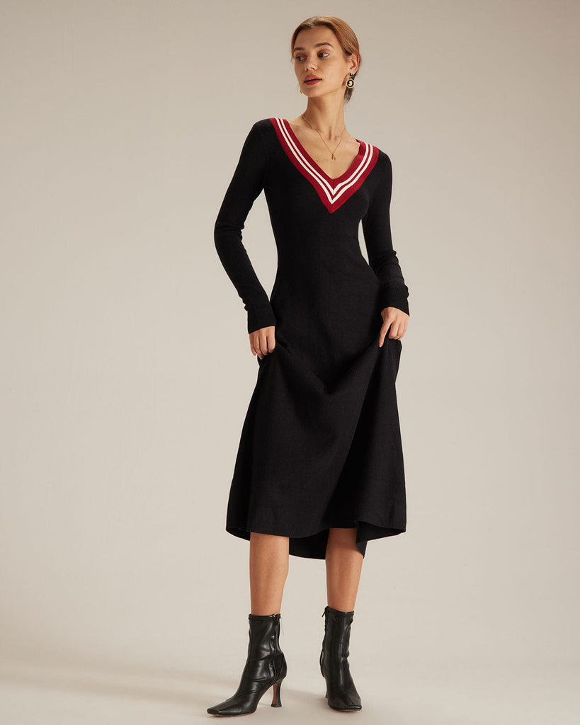 The Contrast V-Neck Sweater Dress Black Dresses - RIHOAS