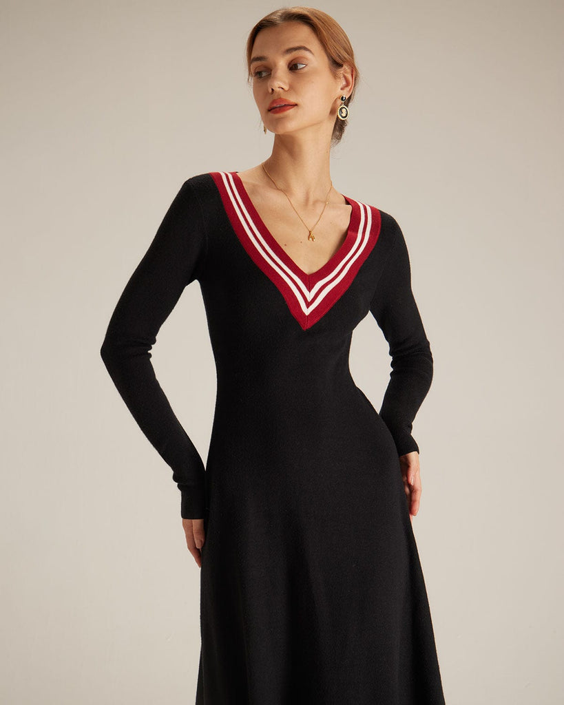 The Contrast V-Neck Sweater Dress Dresses - RIHOAS