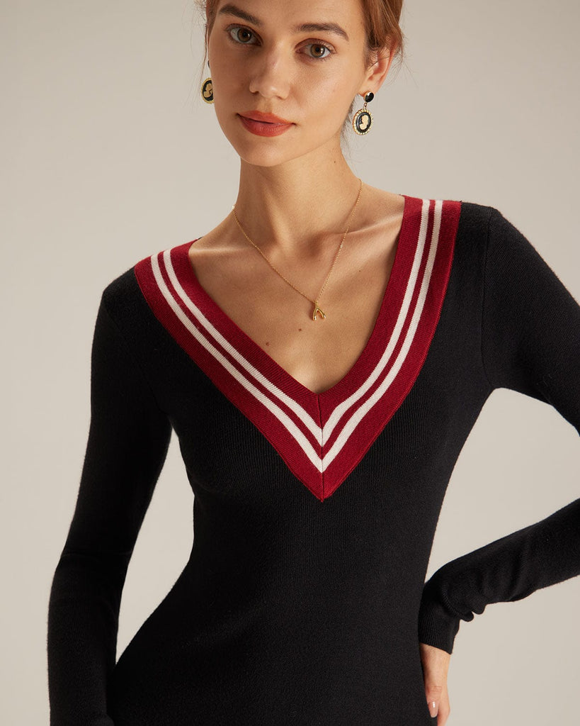 The Contrast V-Neck Sweater Dress Dresses - RIHOAS