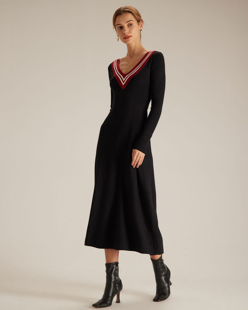 The Contrast V-Neck Sweater Dress Dresses - RIHOAS
