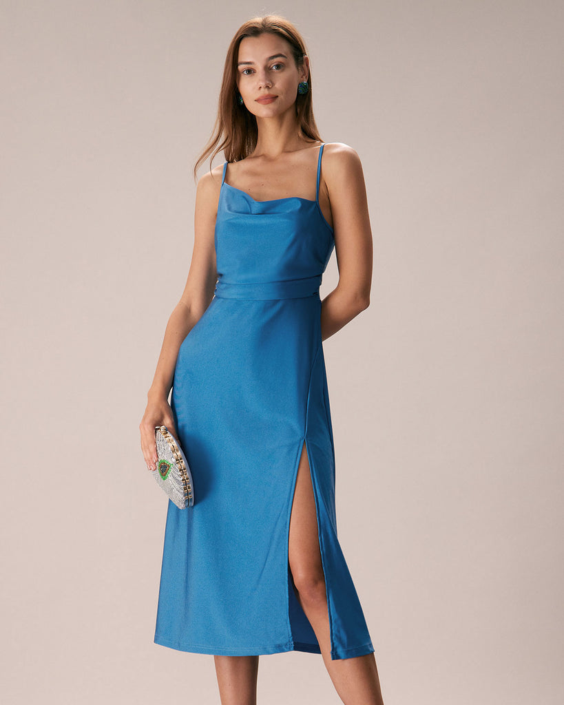 The Cowl Neck Ruched Dress Blue Dresses - RIHOAS