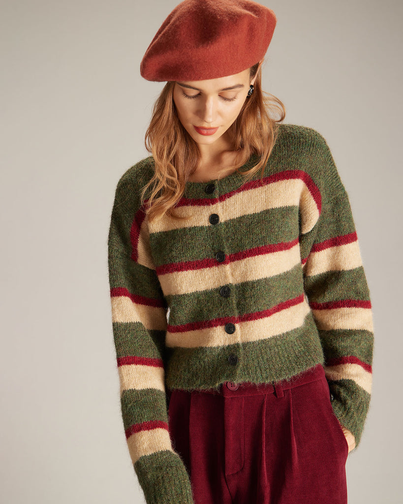 The Crew-Neck Button Color Sweater Green Tops - RIHOAS