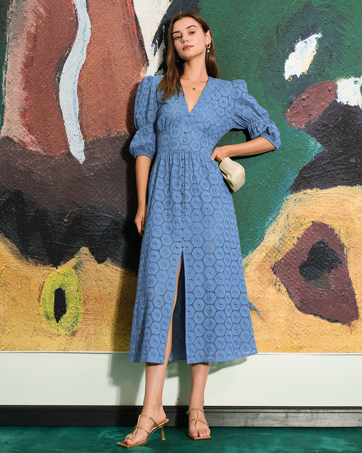 Puff Sleeve Cutout Slit Maxi Dress