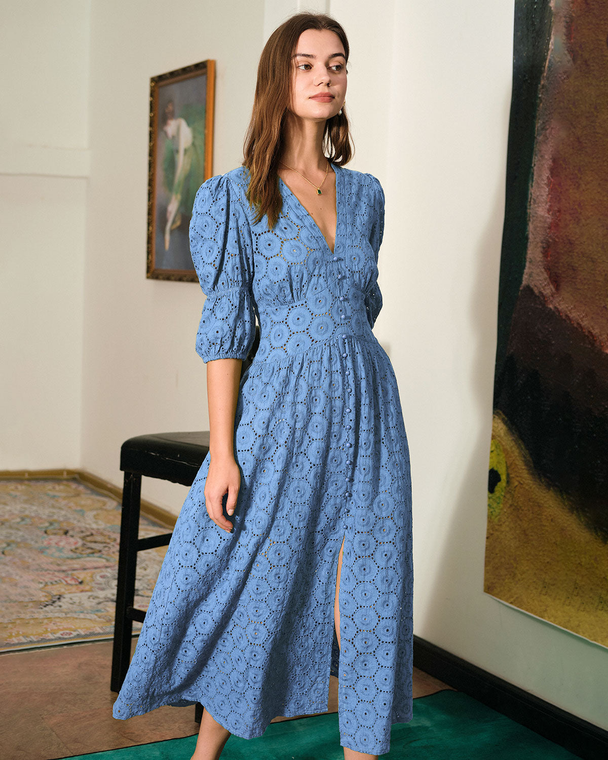 The Blue Puff Sleeve Cutout Slit Maxi Dress - The Blue Puff Sleeve Cutout Slit Maxi Dress - Blue - Dresses